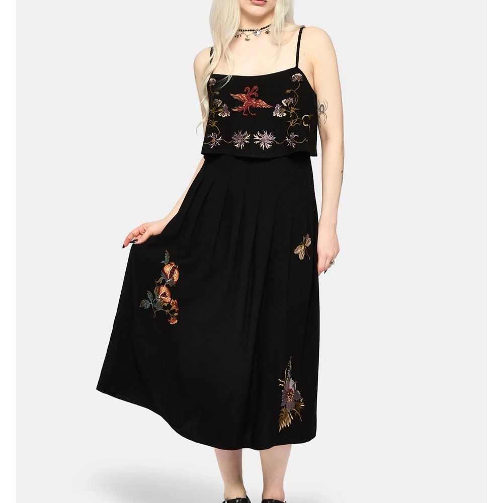 Disturbia Genevra Pomegranate Embroidered Pleated Cami Midi Dress Black US 4